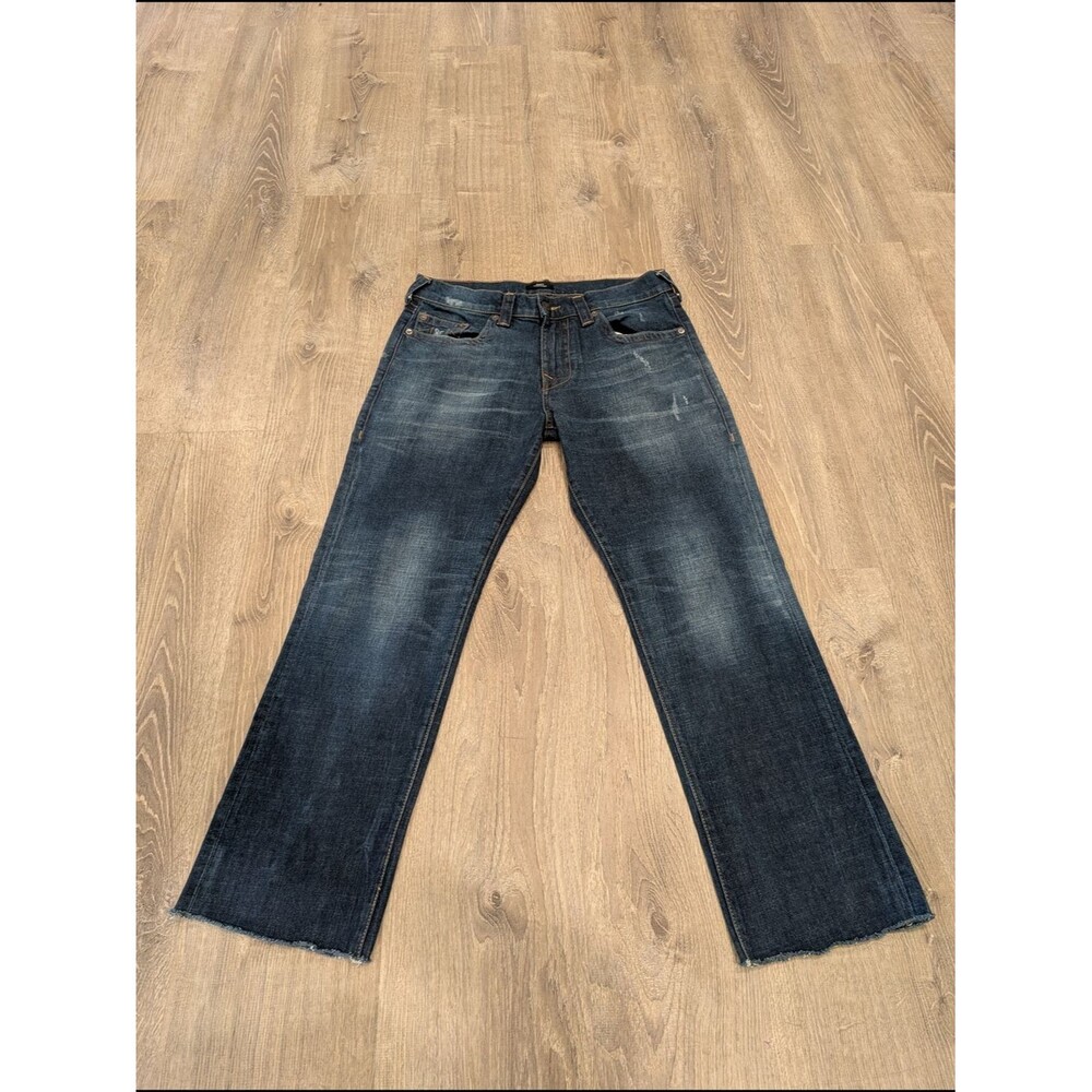 True Religion Ricky Blue Distressed Straight Leg Jeans Raw Frayed Hem Size 34